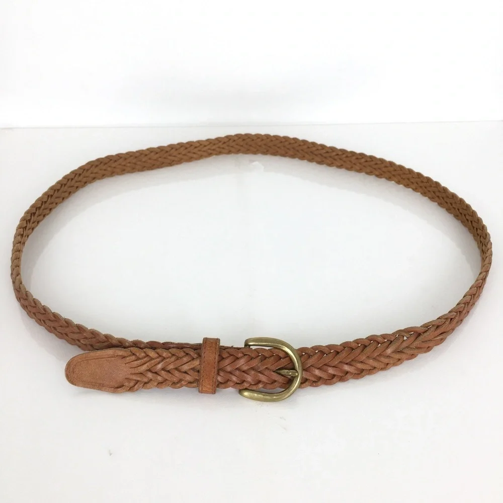 Surrey Women’s Brown Leather Belt Solid Brass Buckle Braided Woven Boho Size M